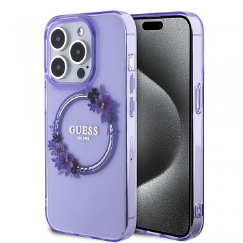 Guess PC/TPU Flowers Ring Glossy Logo MagSafe Zadní Kryt pro iPhone 15 Pro Max Purple