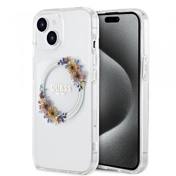 Guess PC/TPU Flowers Ring Glossy Logo MagSafe Zadní Kryt pro iPhone 15 Plus Transparent