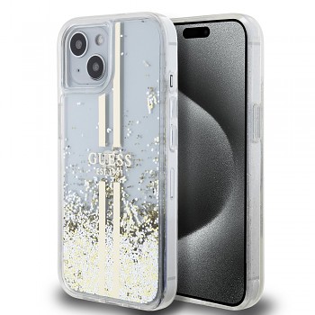 Guess PC/TPU Liquid Glitter Gold Stripe Zadní Kryt pro iPhone 13 Transparent
