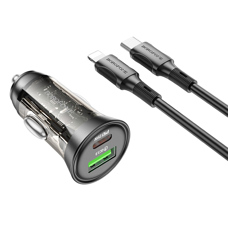 Levně Rychlonabíječka do auta Borofone BZ26A vč. datového kabelu Lightning Dual 43W průhledná-černá