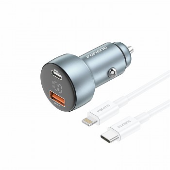 Rychlonabíječka do auta Foneng C18 - USB + Type C - 3A s kabelem Type C na Lightning 30W šedá