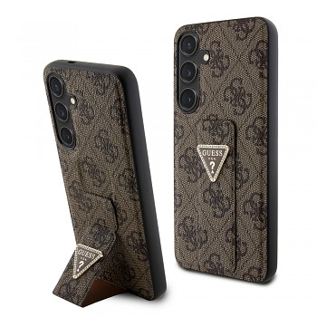 Guess PU Grip Stand 4G Strass Triangle Metal Logo Zadní Kryt pro Samsung Galaxy S24+ Brown