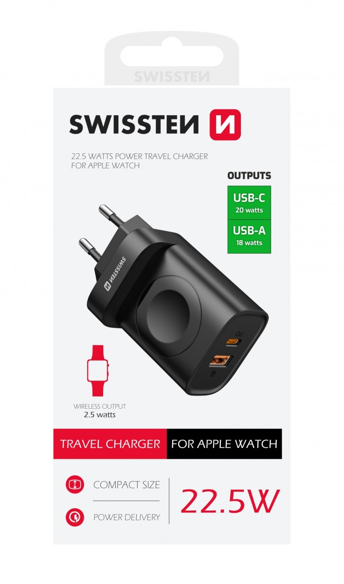 Levně Adaptér Swissten s funkcí rychlonabíjení 1x USB-A, 1x USB-C a Apple Watch 20W černý