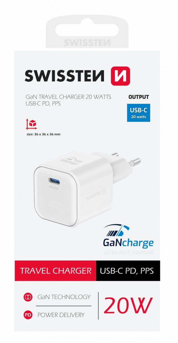 Levně Adaptér Swissten Gan s funkcí rychlonabíjení 1x USB-C 20W bílý