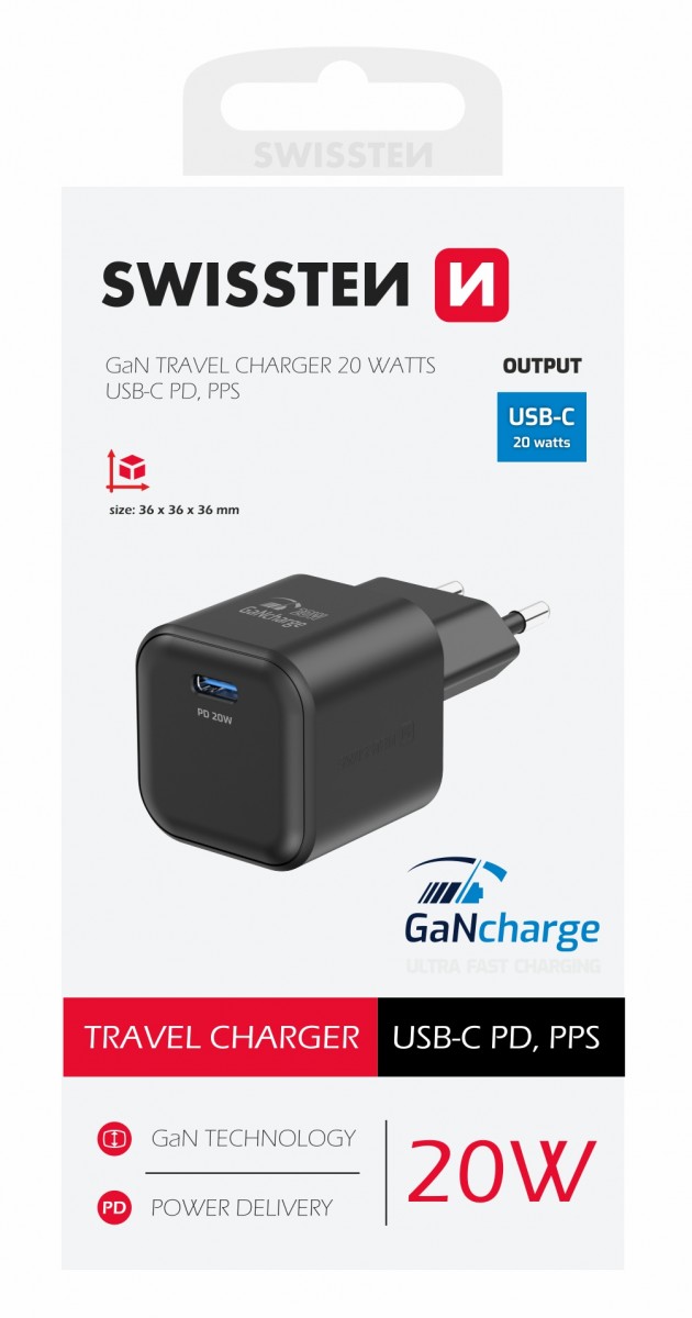 Levně Adaptér Swissten Gan s funkcí rychlonabíjení 1x USB-C 20W černý