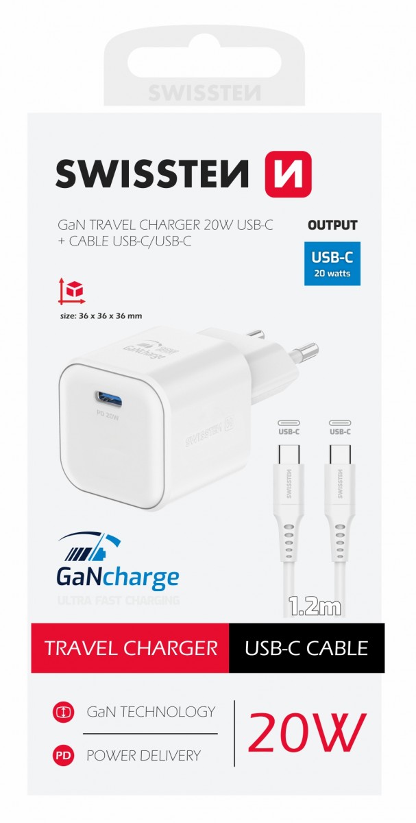 Levně Rychlonabíječka Swissten vč. datového kabelu USB-C 1.2m 20W bílá