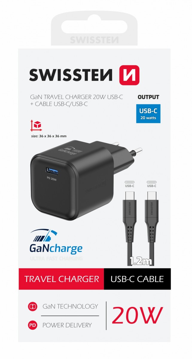 Levně Rychlonabíječka Swissten vč. datového kabelu USB-C 1.2m 20W černá