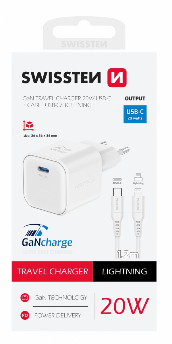 Levně Rychlonabíječka Swissten vč. datového kabelu Lightning 1.2m 20W bílá