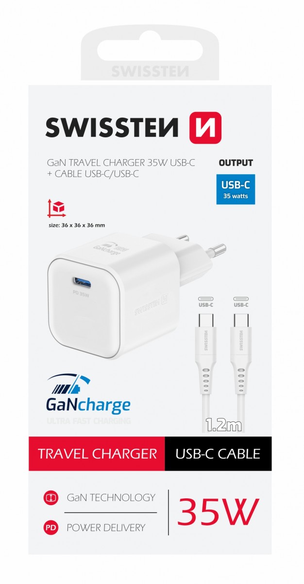 Levně Rychlonabíječka Swissten vč. datového kabelu USB-C 1.2m 35W bílá