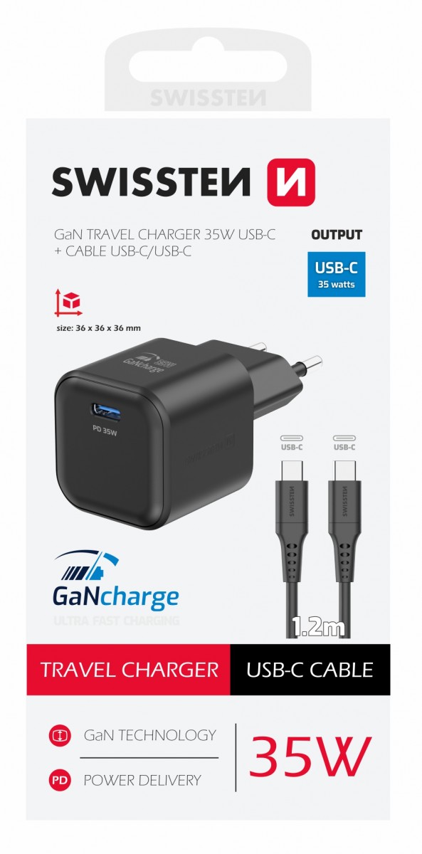 Levně Rychlonabíječka Swissten vč. datového kabelu USB-C 1.2m 35W černá