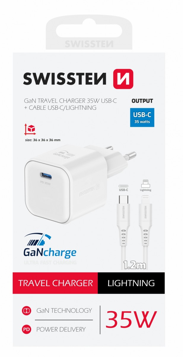 Levně Rychlonabíječka Swissten vč. datového kabelu Lightning 1.2m 35W bílá