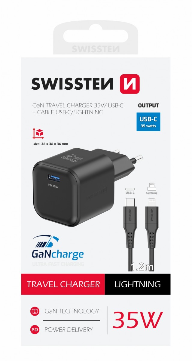 Levně Rychlonabíječka Swissten vč. datového kabelu Lightning 1.2m 35W černá
