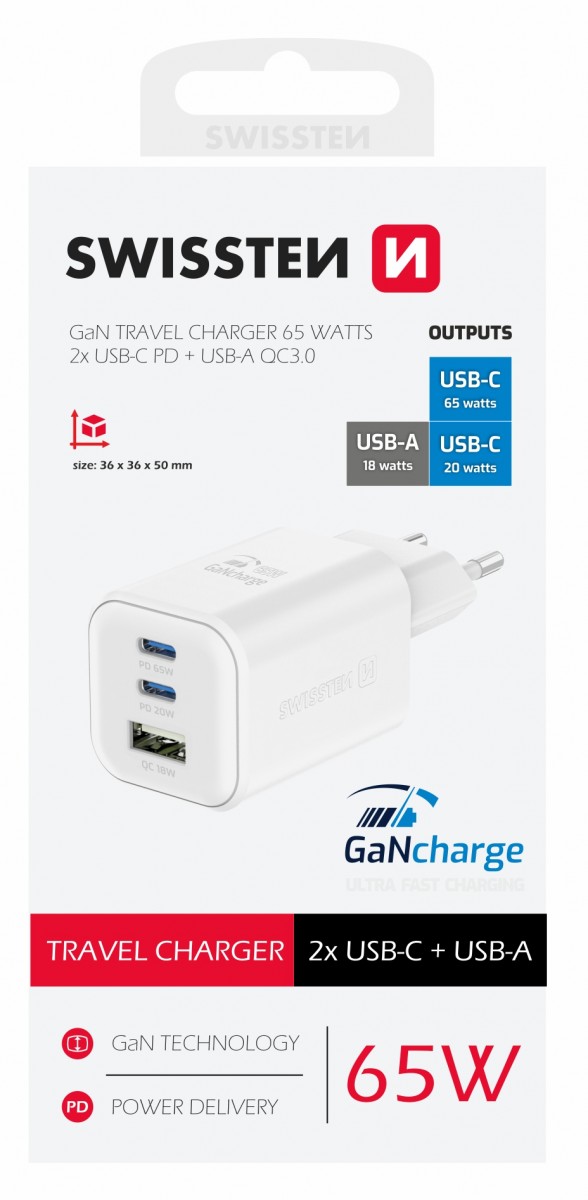 Levně Adaptér Swissten s funkcí rychlonabíjení 1x USB-A, 2X USB-C 65W bílý