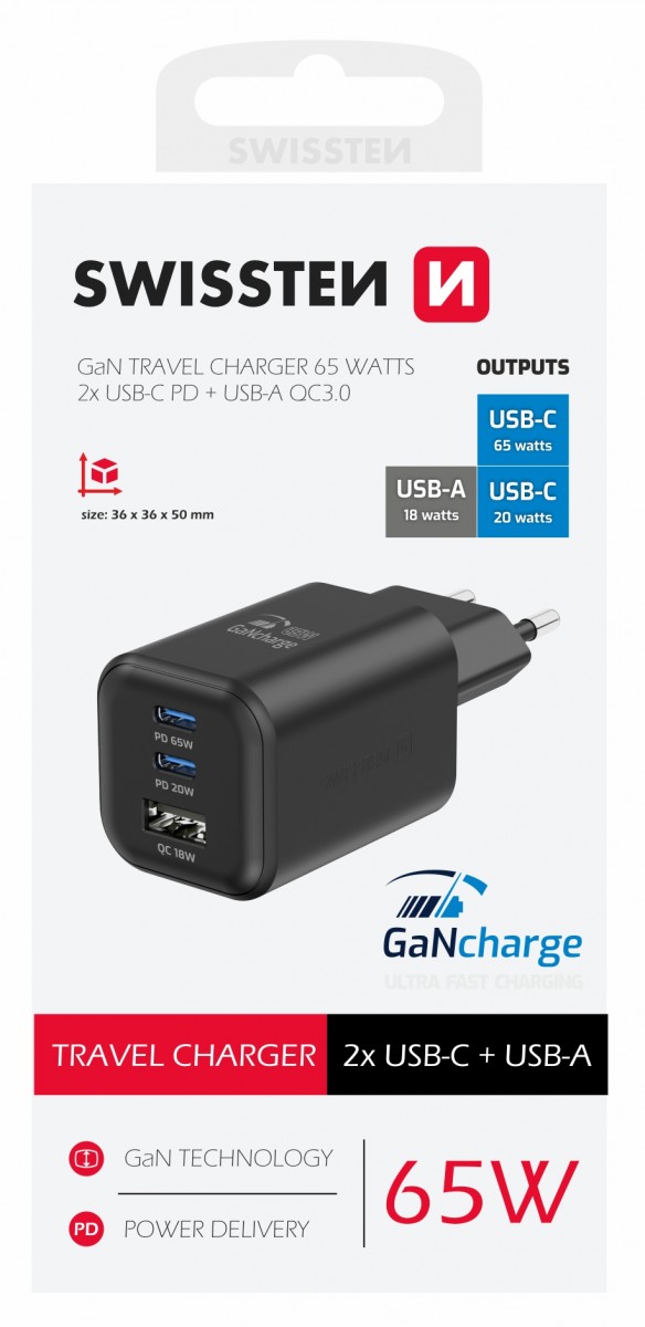 Levně Adaptér Swissten s funkcí rychlonabíjení 1x USB-A, 2X USB-C 65W černý
