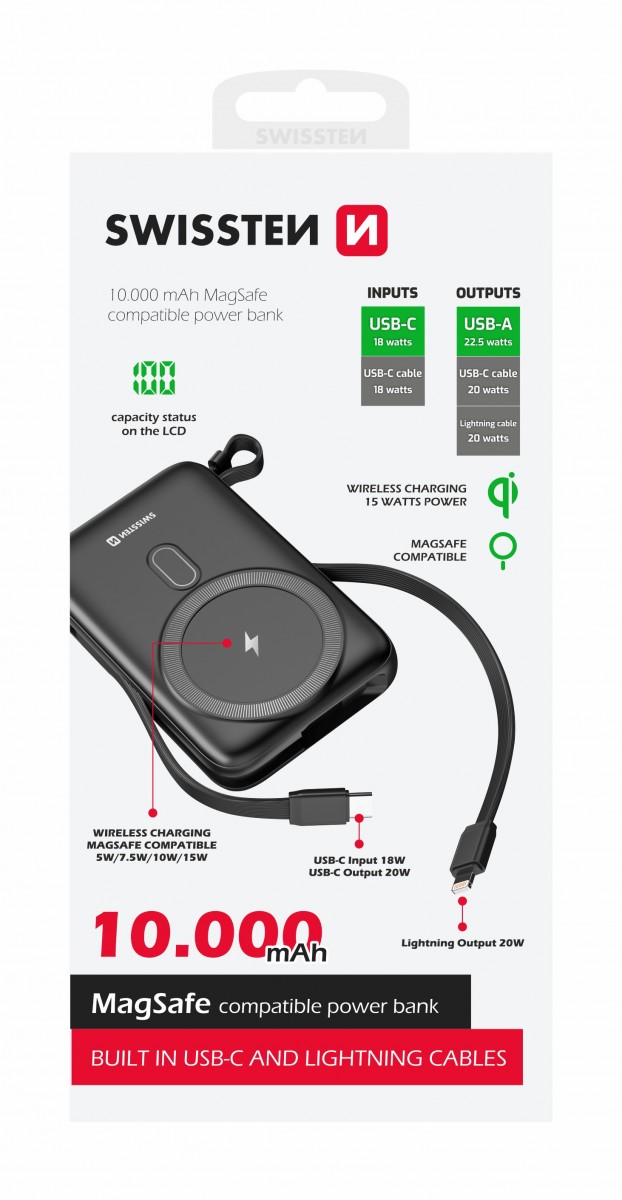 Levně Powerbanka Swissten 10000 mAh s funkcí rychlonabíjení 20W s kabely USB-C a Lightning (kompatibilní s magsafe)