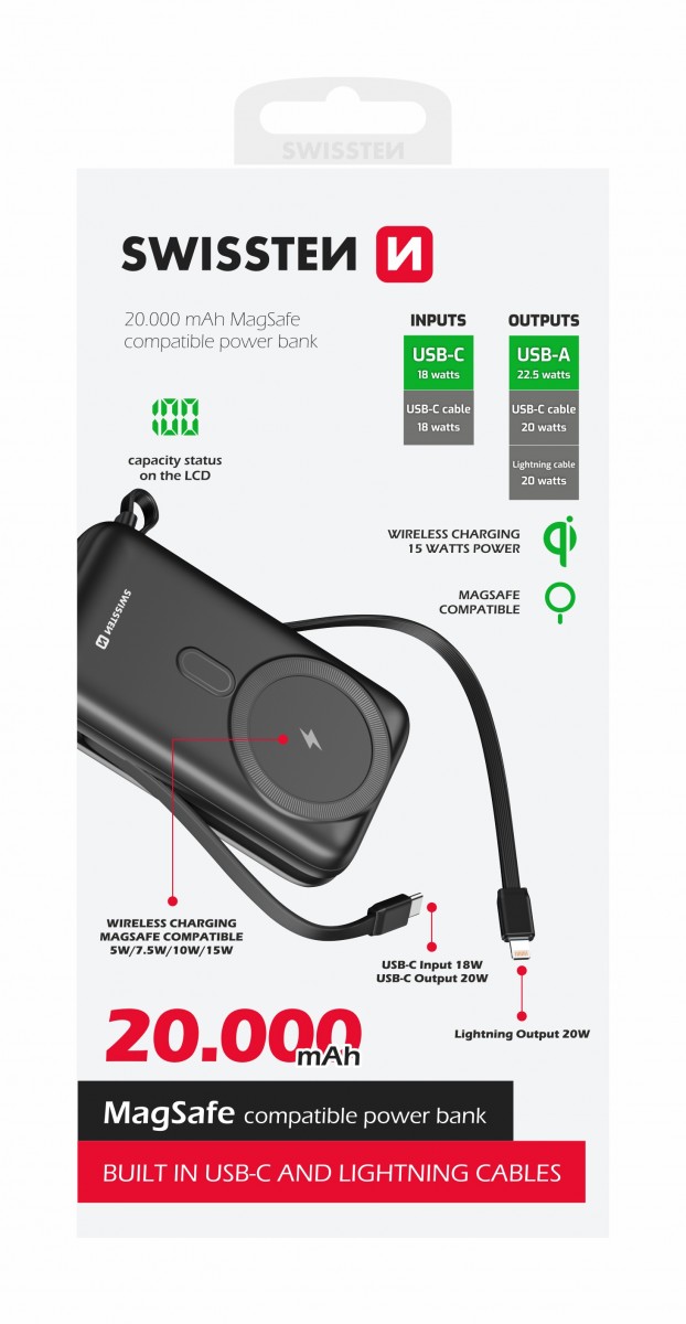 Levně Powerbanka Swissten 20000 mAh s funkcí rychlonabíjení 20W s kabely USB-C a Lightning (kompatibilní s magsafe)