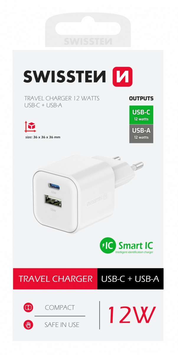 Levně Adaptér Swissten 12W USB-A, USB-C bílý