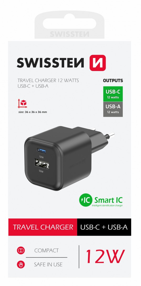 Levně Adaptér Swissten 12W USB-A, USB-C černý
