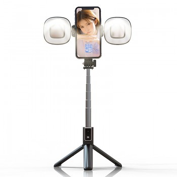 Bluetooth tripod mini selfie tyč P40S-F, stativem a 2 LED světly černá