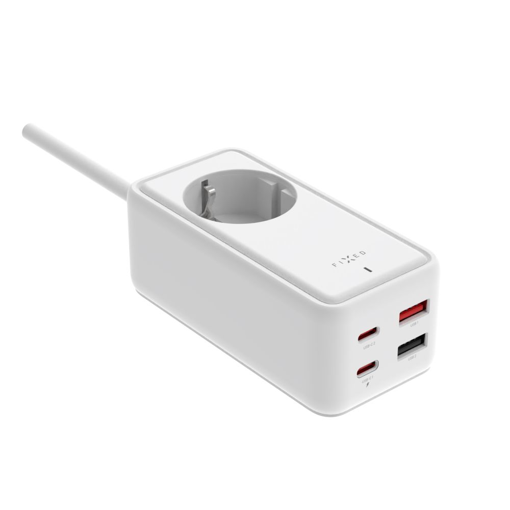 Levně Síťový prodlužovací adaptér FIXED Charging Strip s 2x USB-C a 2x USB, GaN III, 3m, PD 65W, bílý