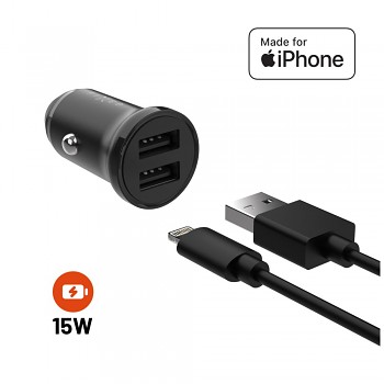 Set autonabíječky FIXED s 2xUSB výstupem a USB/Lightning kabelu, 1 metr, MFi certifikace, 15W Smart Rapid Charge, černá