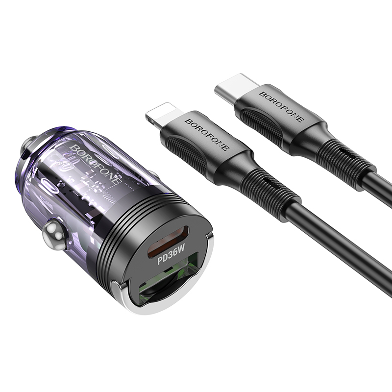 Levně Rychlonabíječka do auta Borofone BBZ29A vč. datového kabelu Lightning Dual 36W transparentní-fialová
