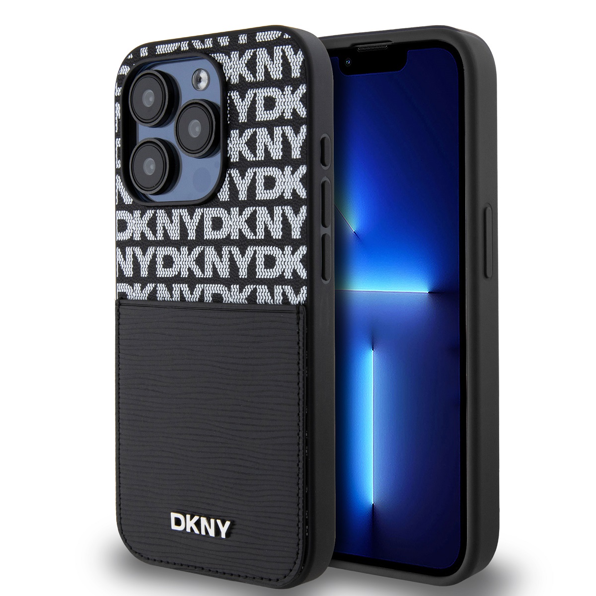 Levně Zadní Kryt DKNY PU Leather Repeat Pattern Card Pocket pro iPhone 15 Pro černý