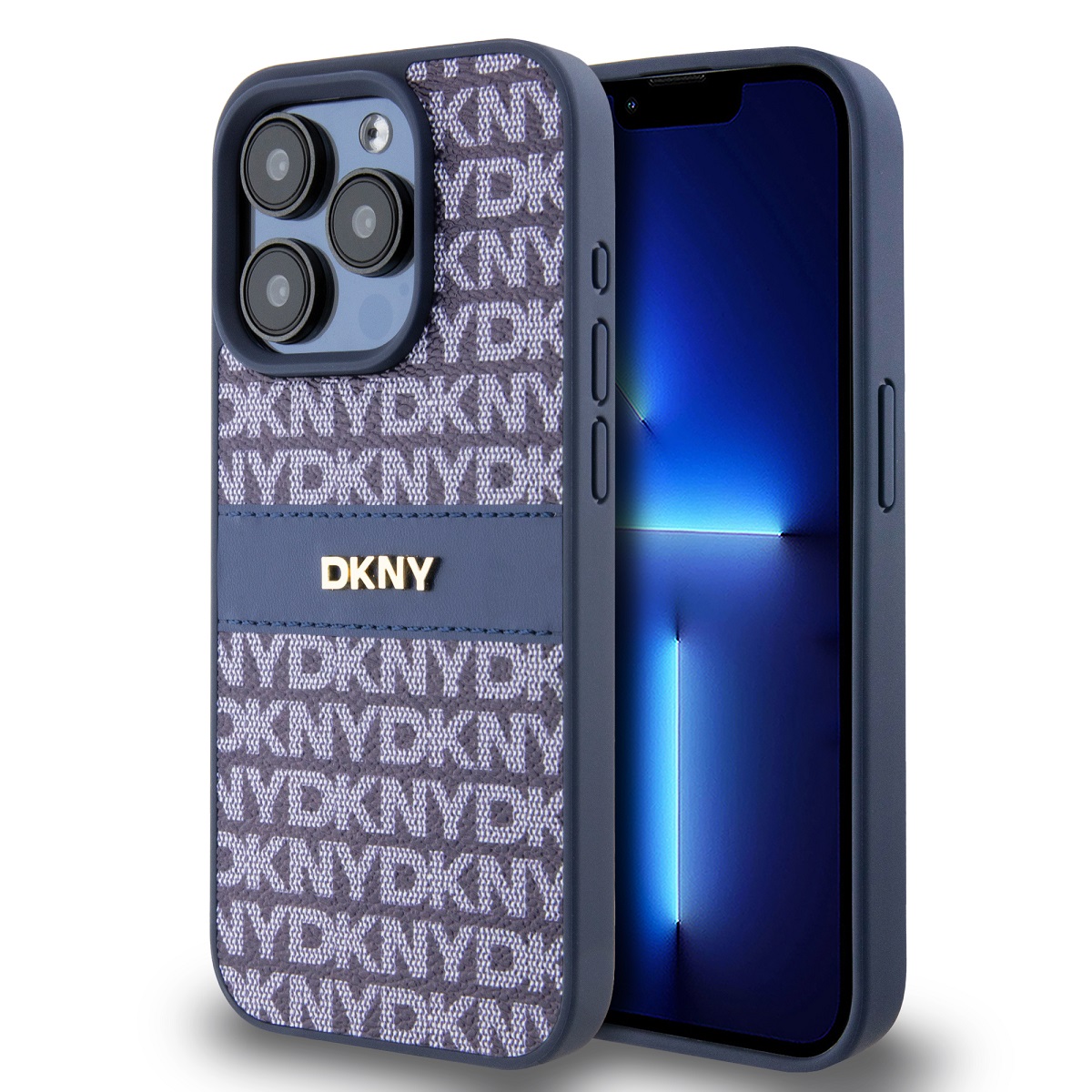 Levně Zadní Kryt DKNY PU Leather Repeat Pattern Tonal Stripe pro iPhone 15 Pro modrý