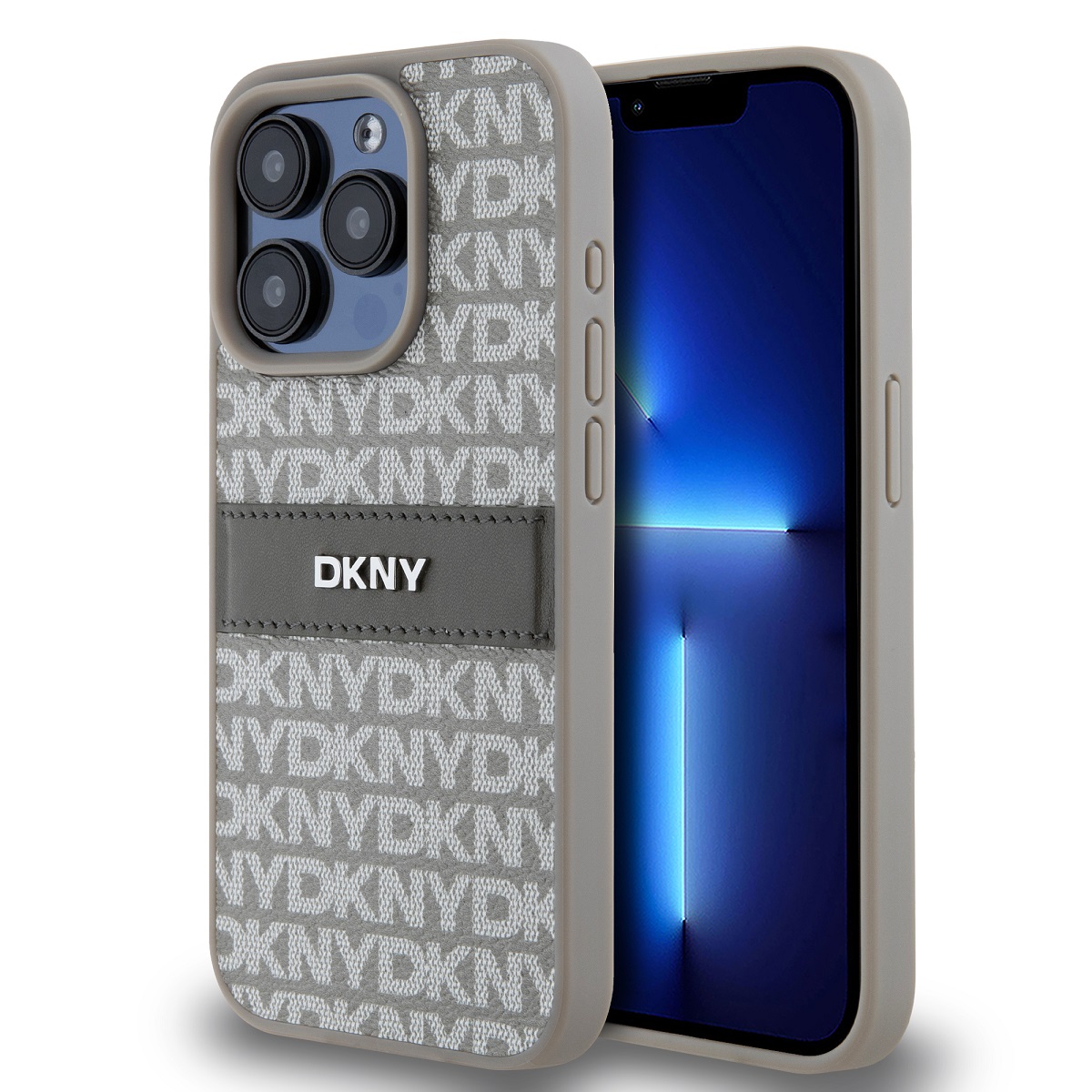 Levně Zadní Kryt DKNY PU Leather Repeat Pattern Tonal Stripe na iPhone 15 Pro Beige