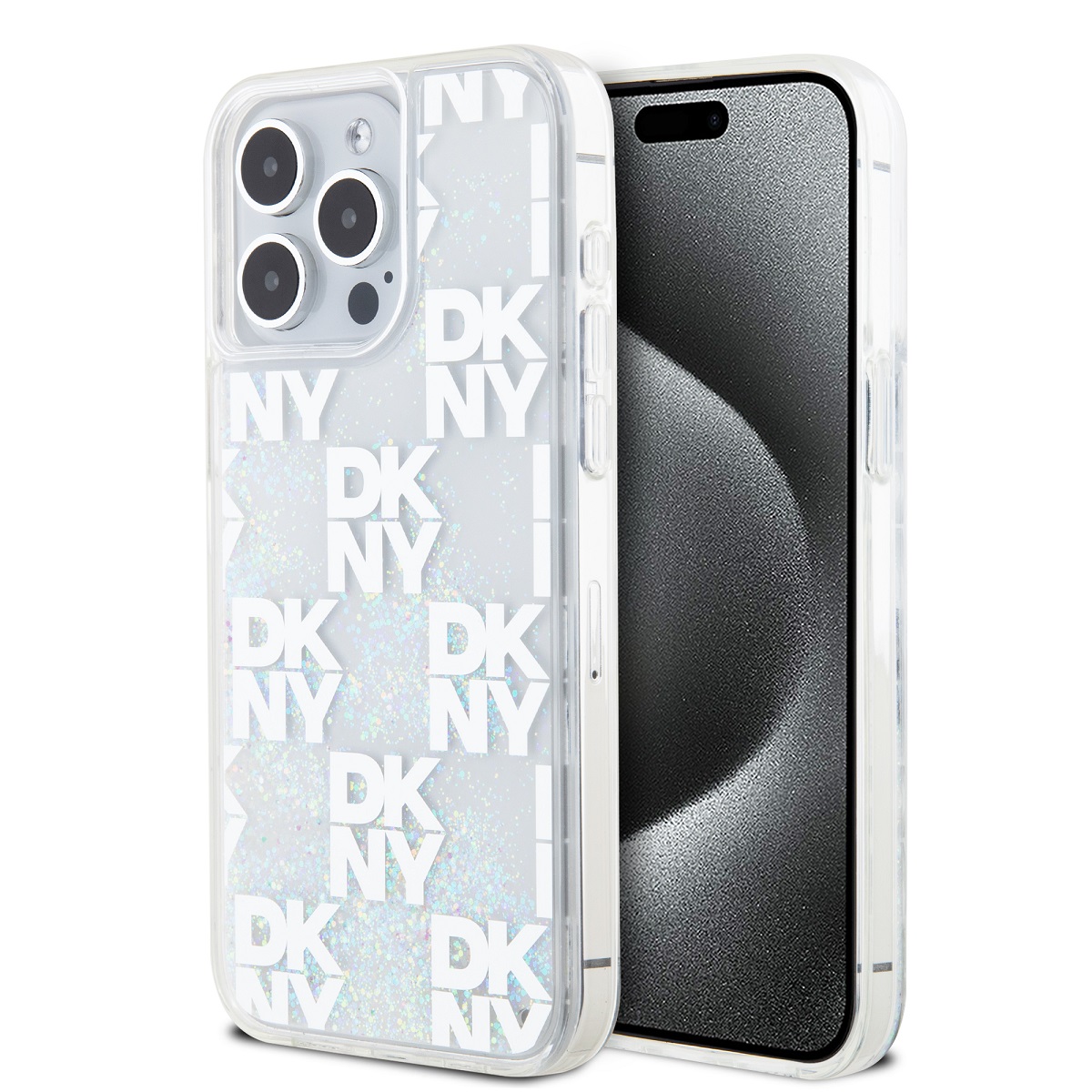 Levně Zadní Kryt DKNY Liquid Glitter Checkered Pattern na iPhone 15 Pro Max Transparent