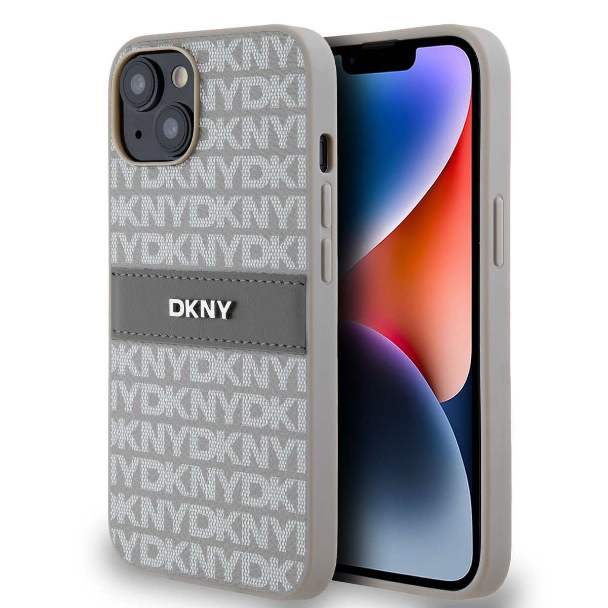Levně Zadní Kryt DKNY PU Leather Repeat Pattern Tonal Stripe na iPhone 14 Beige