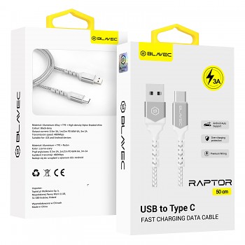 Datový kabel Blavec Raptor Braided - USB na typ C - 3A 0,5m (CRA-UC3WS05) bílo-stříbrný