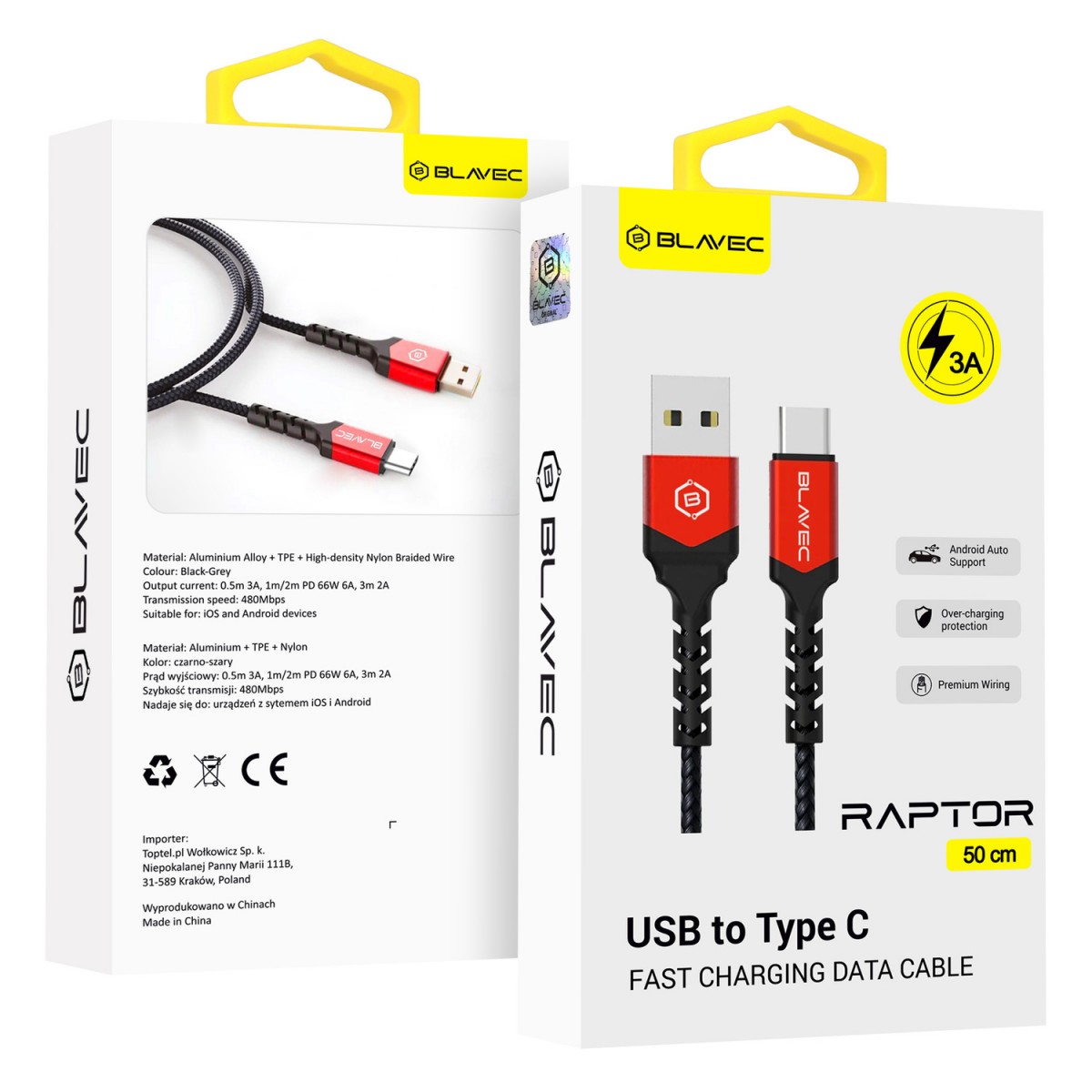 Levně Datový kabel Blavec Raptor Braided - USB na typ C - 3A 0,5m (CRA-UC3BR05) černo-červený