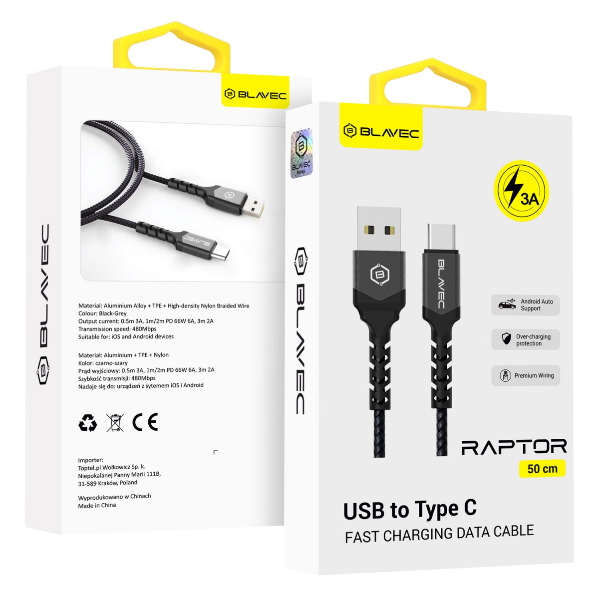Levně Datový kabel Blavec Raptor Braided - USB na typ C - 3A 0,5m (CRA-UC3BG05) černo-šedý