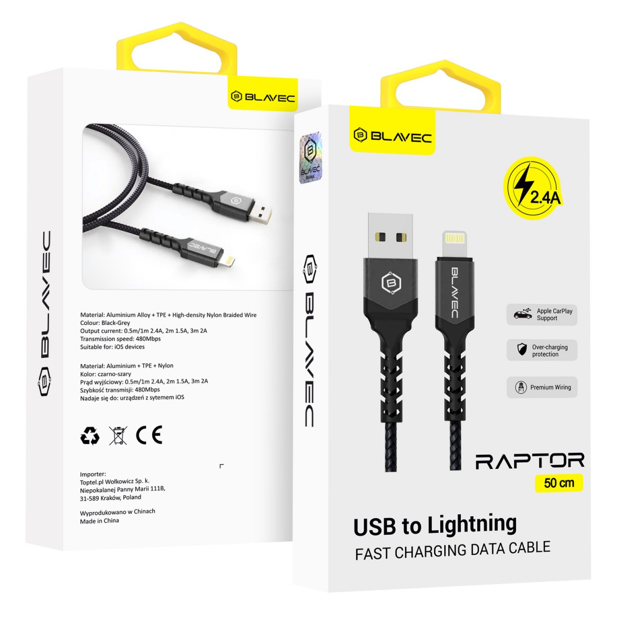 Levně Datový kabel Blavec Raptor Braided - USB na Lightning - 2,4A 0,5m (CRA-UL24BG05) černo-šedý