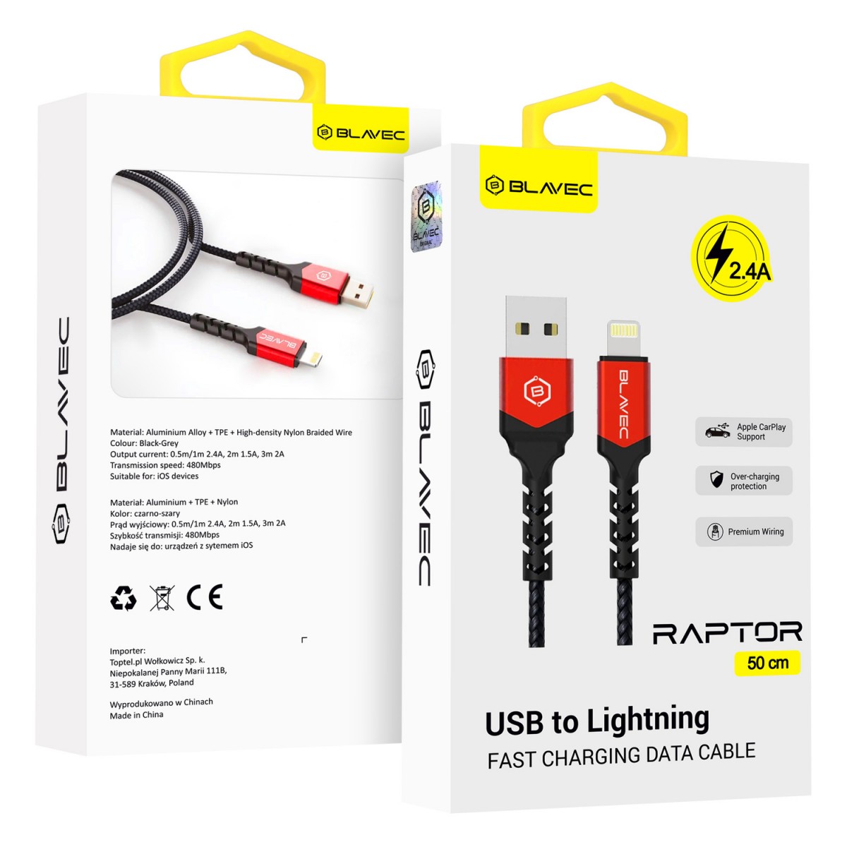 Levně Datový kabel Blavec Raptor Braided - USB na Lightning - 2,4A 0,5m (CRA-UL24BR05) černo-červený