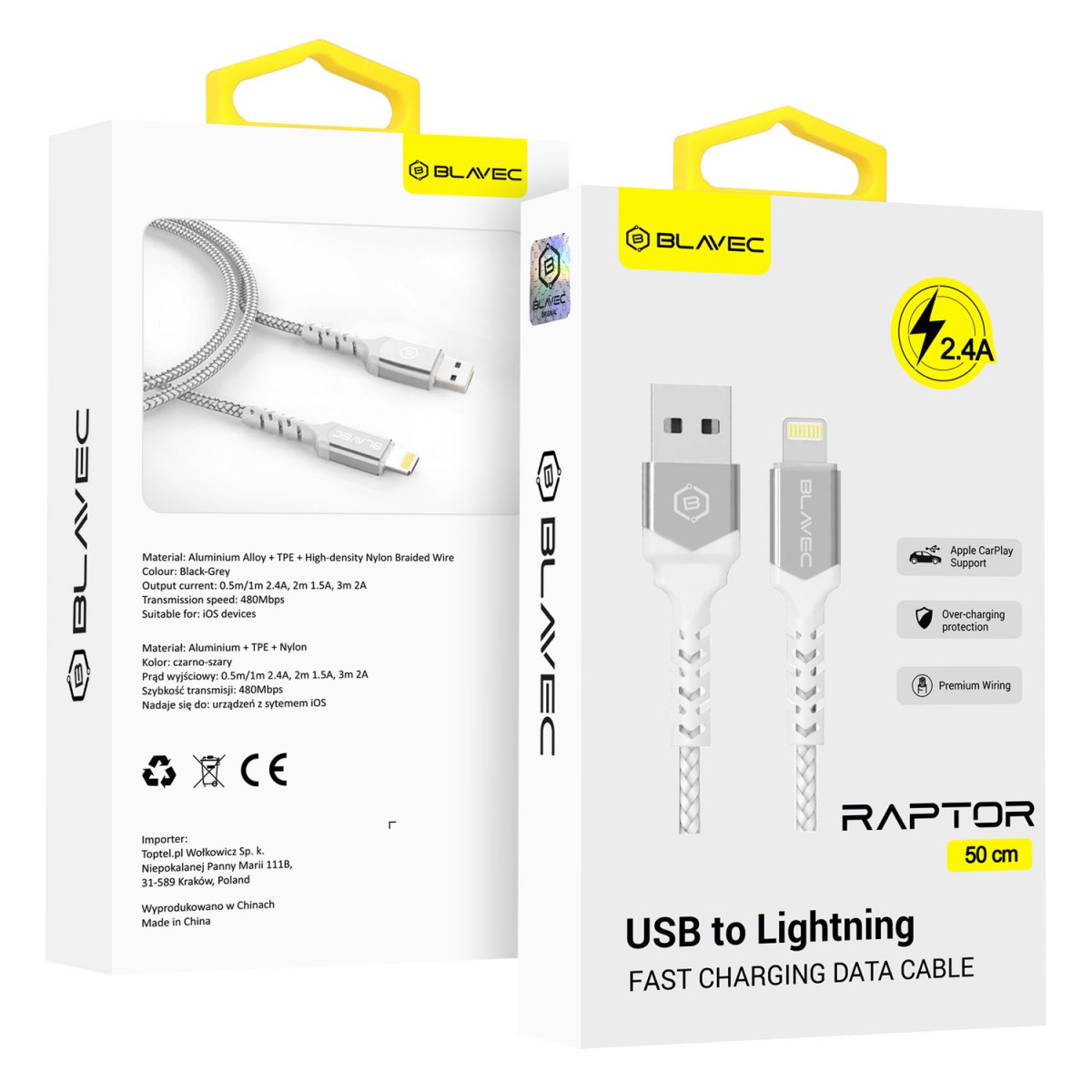 Levně Datový kabel Blavec Raptor Braided - USB na Lightning - 2,4A 0,5m (CRA-UL24WS05) bílo-stříbrný