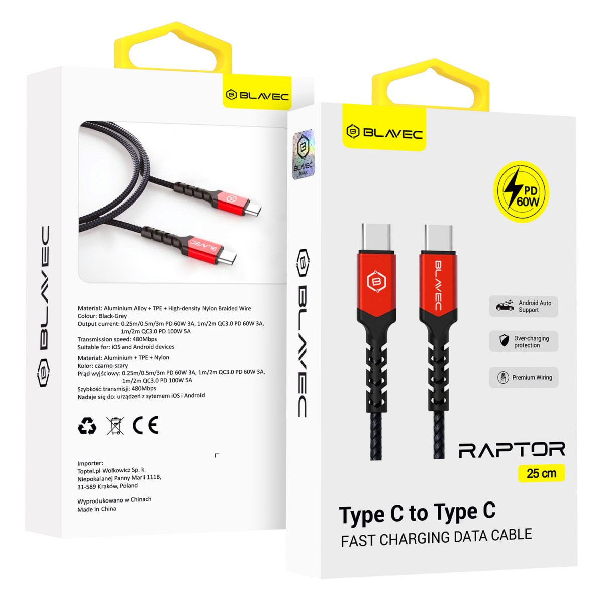 Levně Datový kabel Blavec Raptor Braided - typ C na typ C - PD 60W 3A 0,25m (CRA-CC3BR025) černo-červený
