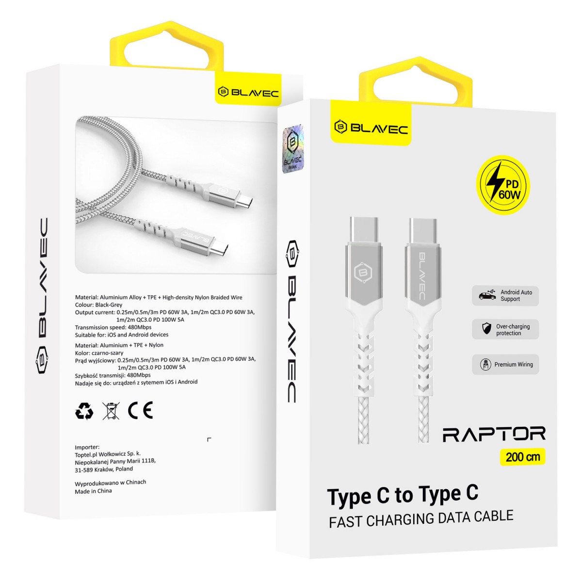 Levně Datový kabel Blavec Raptor Braided - typ C na typ C - PD 60W 3A 2m (CRA-CC3WS20) bílo-stříbrný