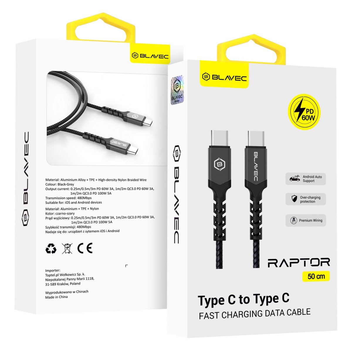 Levně Datový kabel Blavec Raptor Braided - typ C na typ C - PD 60W 3A 3m (CRA-CC3BG30) černo-šedý
