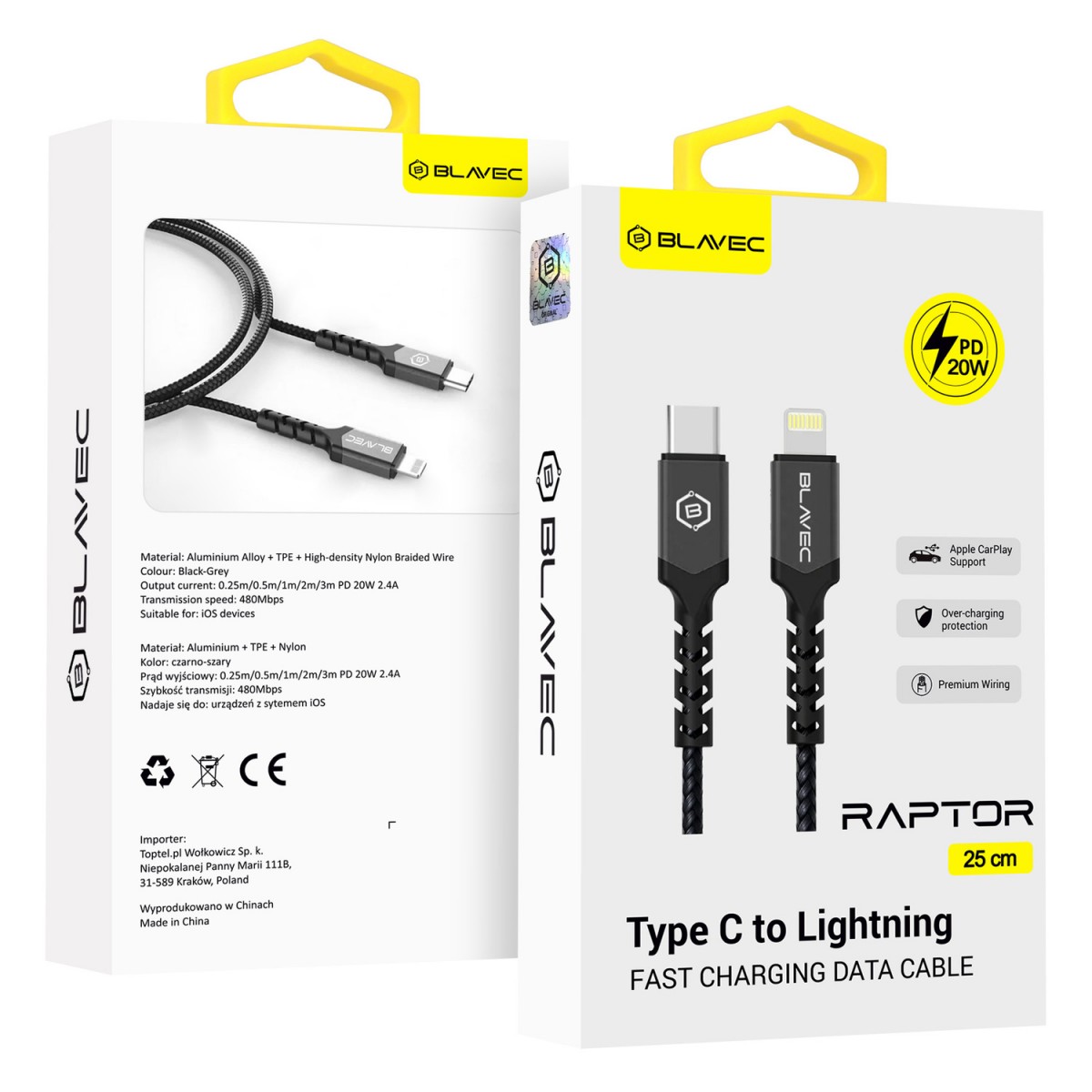 Levně Datový kabel Blavec Raptor Braided - Type C to Lightning - PD 20W 2,4A 0,25m (CRA-CL24BG025) černo-šedý