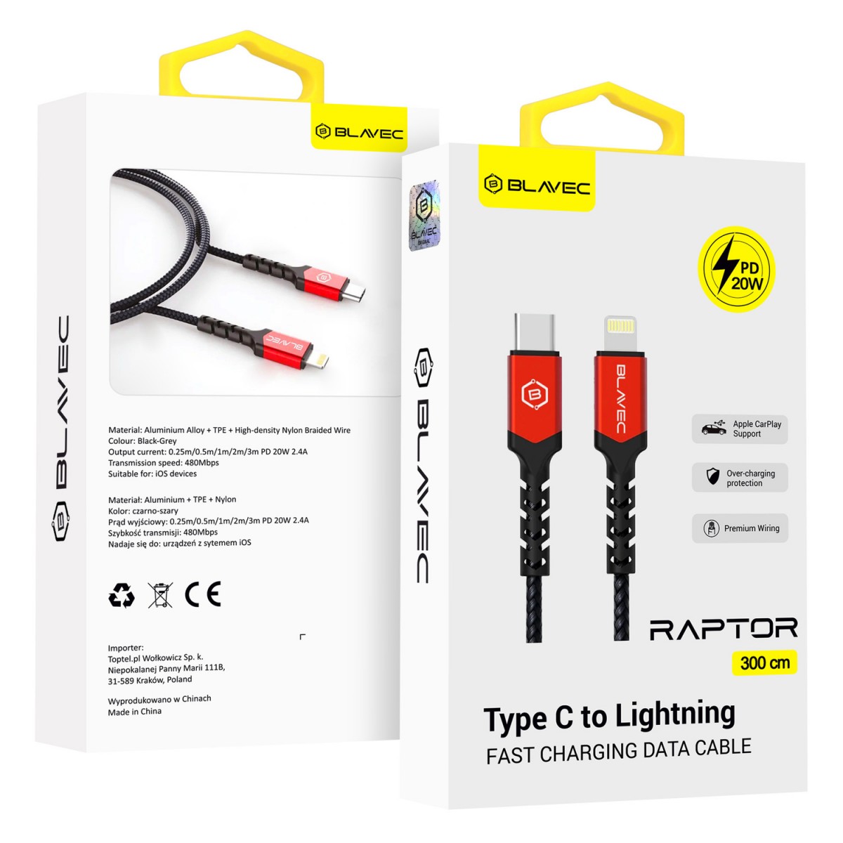Levně Datový kabel Blavec Raptor Braided - Type C to Lightning - PD 20W 2,4A 3m (CRA-CL24BR30) černo-červený