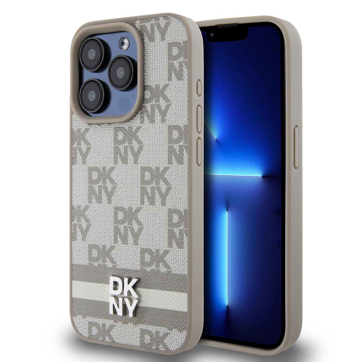 Levně Zadní Kryt DKNY PU Leather Checkered Pattern and Stripe na iPhone 13 Pro Beige