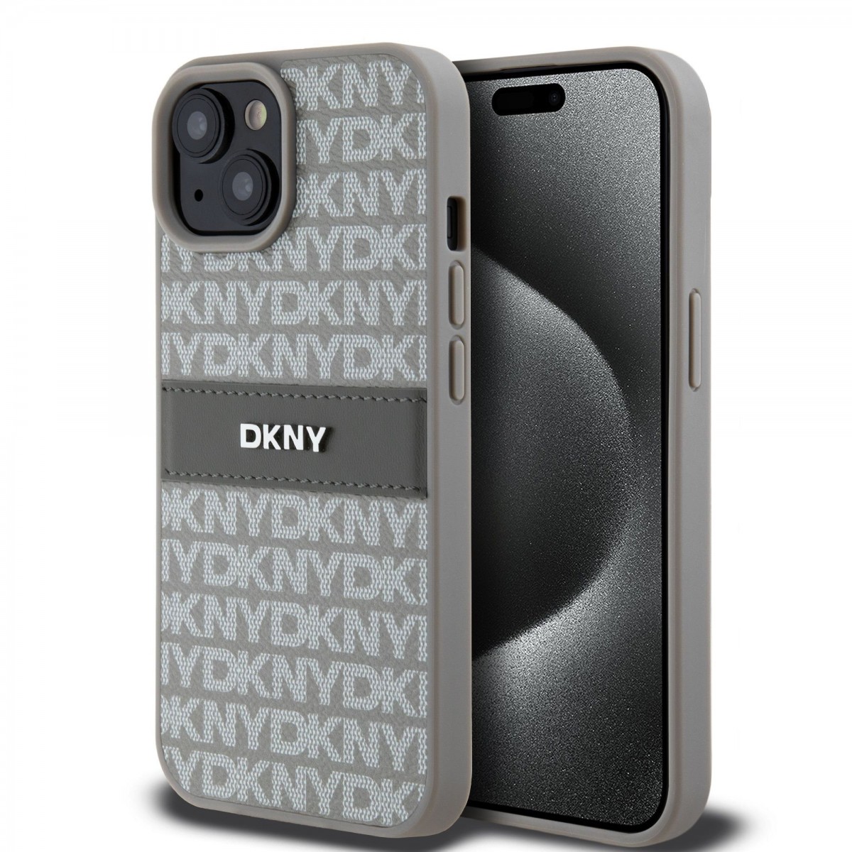 Levně Zadní Kryt DKNY PU Leather Repeat Pattern Tonal Stripe na iPhone 15 Beige
