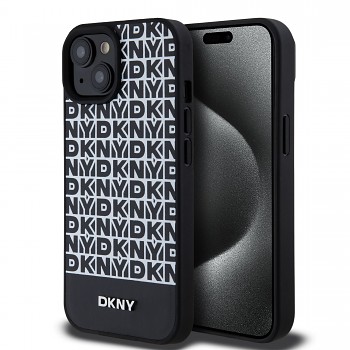 Zadní Kryt DKNY PU Leather Repeat Pattern Bottom Stripe MagSafe pro iPhone 15 černý