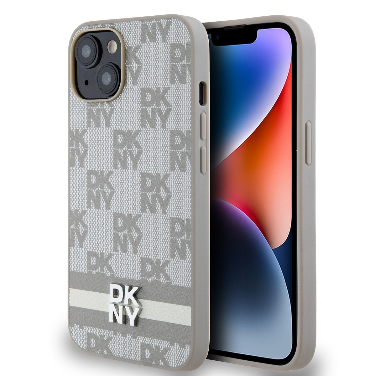 Levně Zadní Kryt DKNY PU Leather Checkered Pattern and Stripe na iPhone 15 Beige