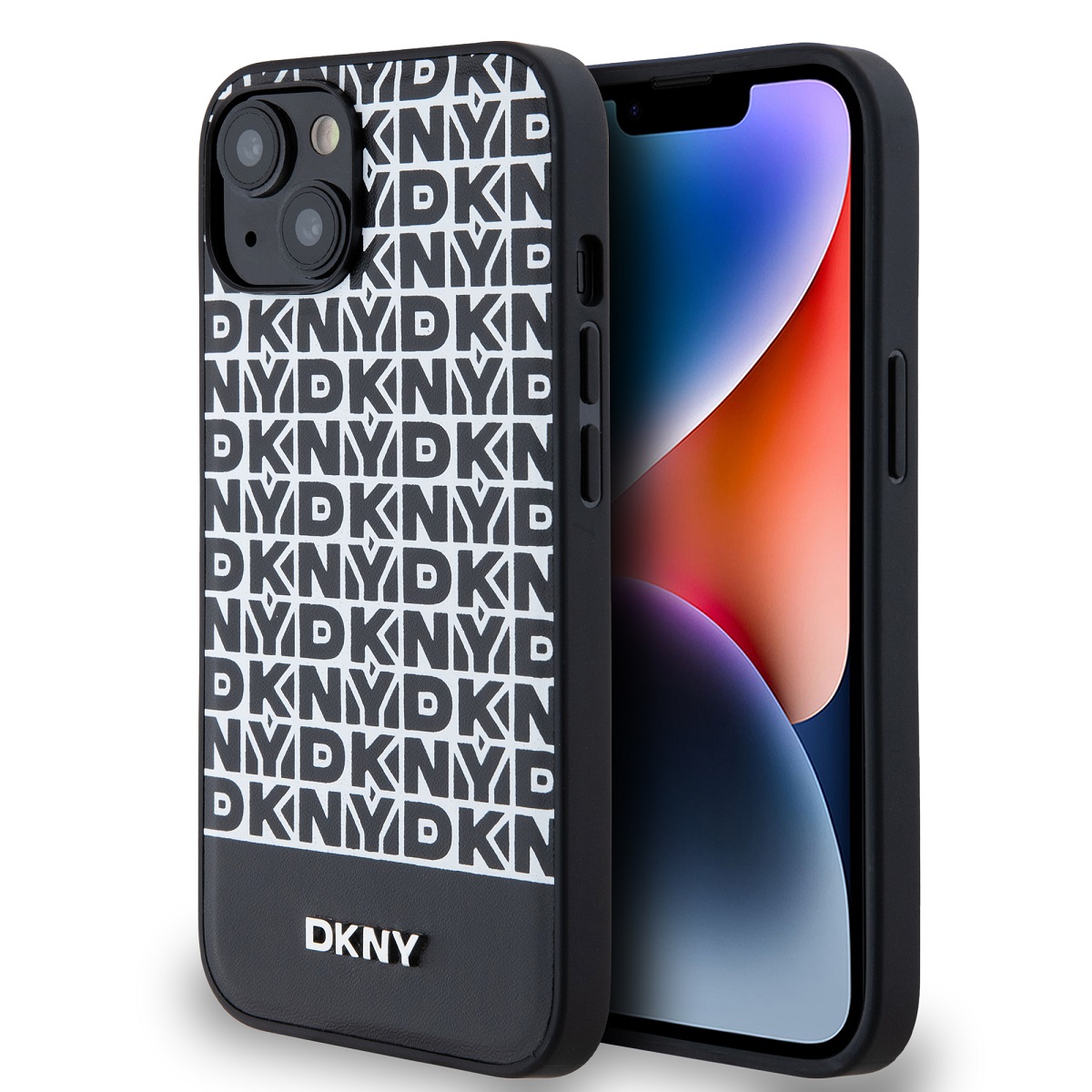 Levně Zadní Kryt DKNY PU Leather Repeat Pattern Bottom Stripe MagSafe pro iPhone 13 černý