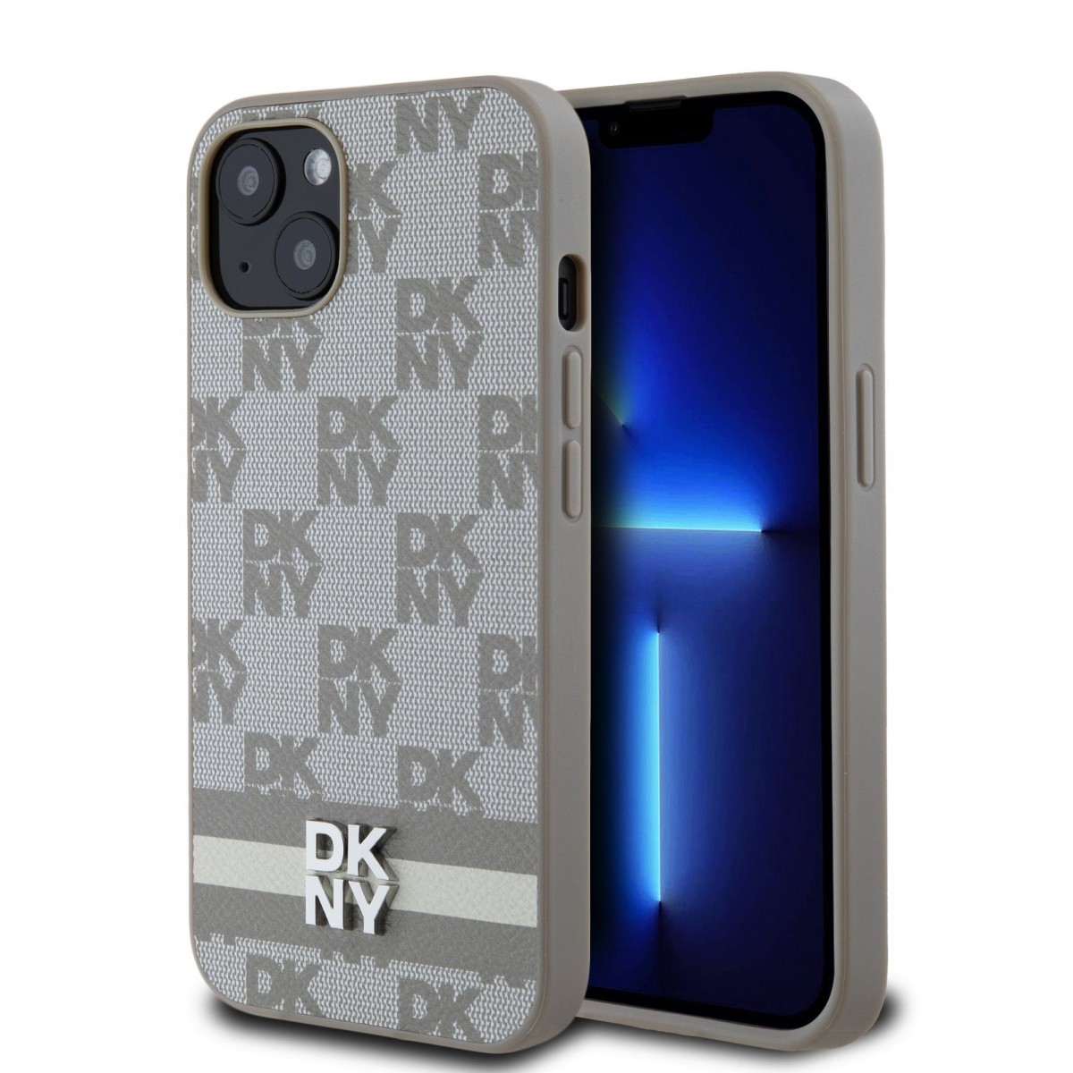 Levně Zadní Kryt DKNY PU Leather Checkered Pattern and Stripe na iPhone 13 Beige