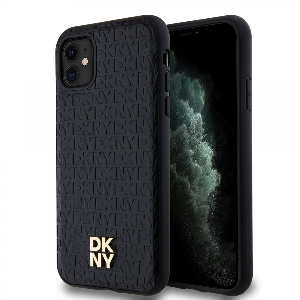 Levně Zadní Kryt DKNY PU Leather Repeat Pattern Stack Logo Magsafe pro iPhone 11 černý