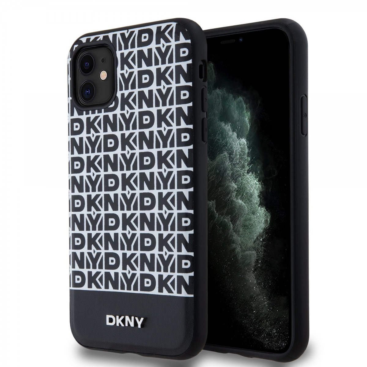 Levně Zadní Kryt DKNY PU Leather Repeat Pattern Bottom Stripe MagSafe pro iPhone 11 černý